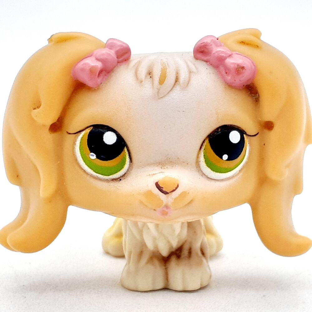 Littlest Pet Shop Dog Puppy Figure Beige Green Eyes Bows Hasbro LPS Toy 2007